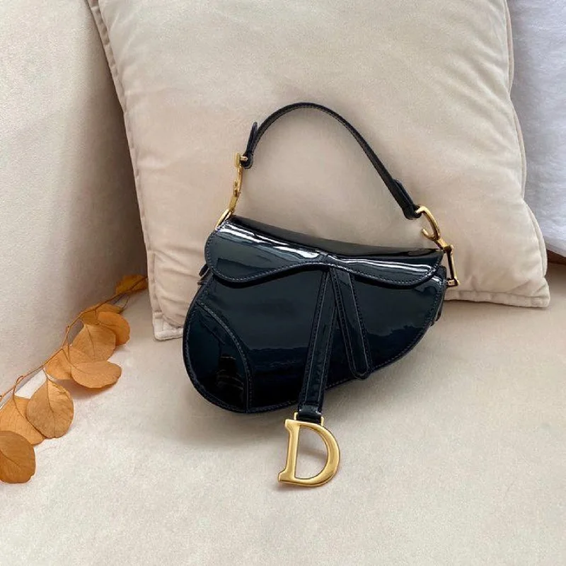 Christian Dior Saddle Bag Black Patent Gold Toned Hardware