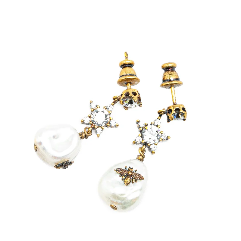 Gold Dior Gold Plated Crystal Star Bee Faux Pearl Drop Earrings