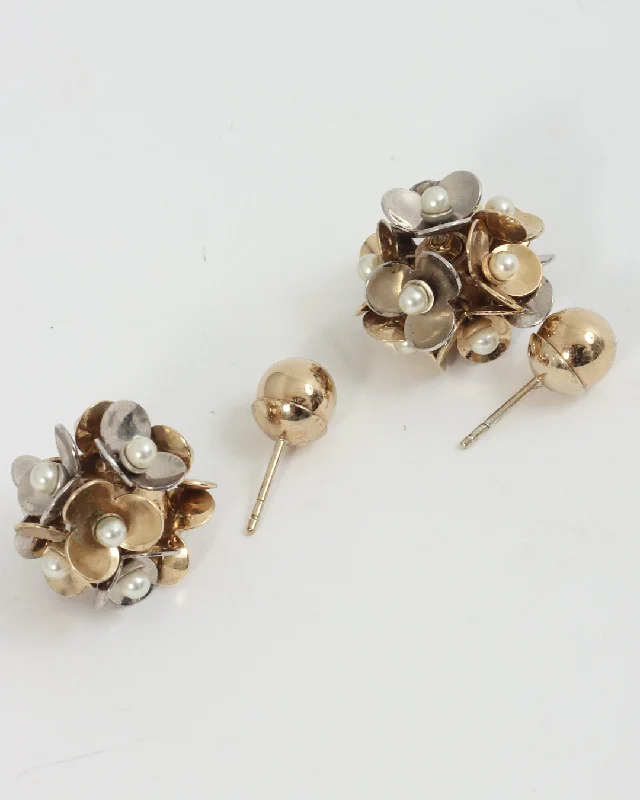 Dior Tribal Flower Petals Pearl Gold Stud Earrings