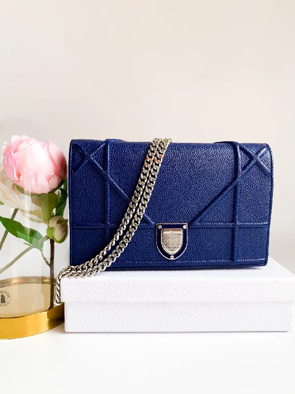 Dior Wallet on Chain Blue Grained Leather