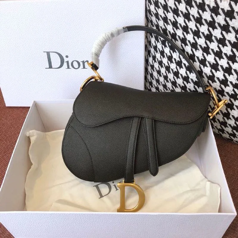 Christian Dior Saddle Bag Black Grained For Women