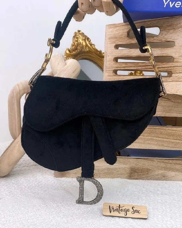 Dior Black Velvet Diamanté Mini Saddle