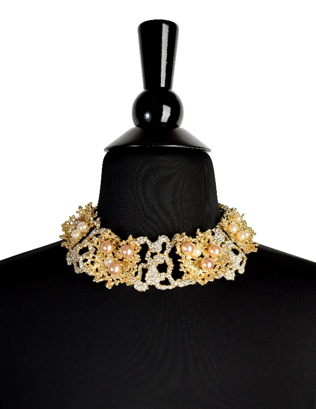 Christian Dior Vintage 1968 Gold Coral Strass Rhinestone Pearl Encrusted Choker Necklace