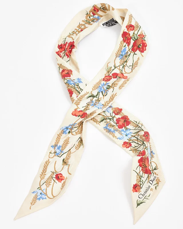 Dior Floral Cream Silk Twilly Scarf