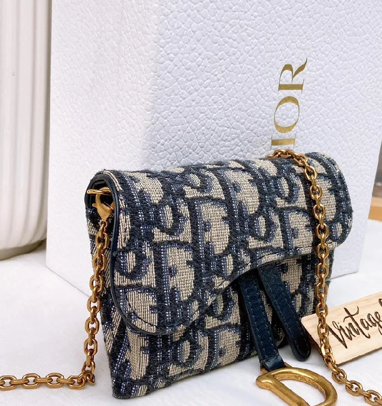 Dior Navy Oblique Saddle Card Holder with Chain