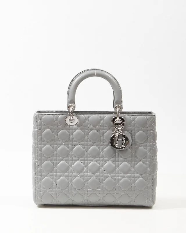 Dior Grey Lambskin Cannage Large Lady Dior Tote