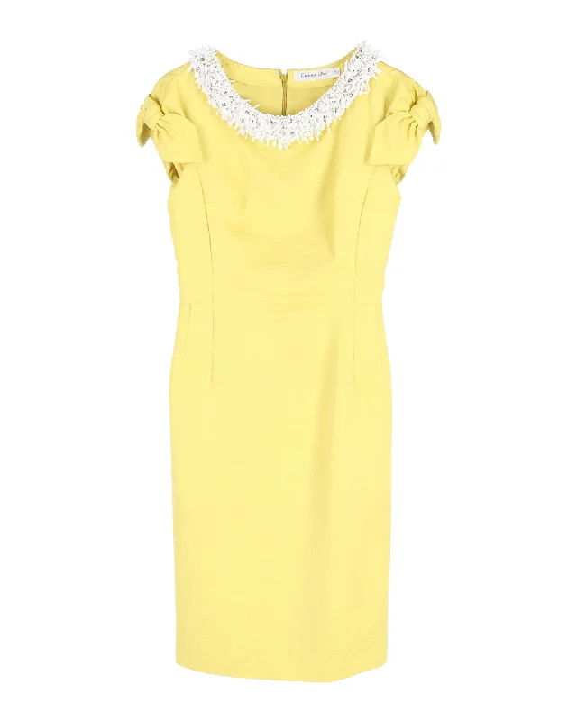 Dior Embellished Knee Length Dress in Pastel Yellow Cotton