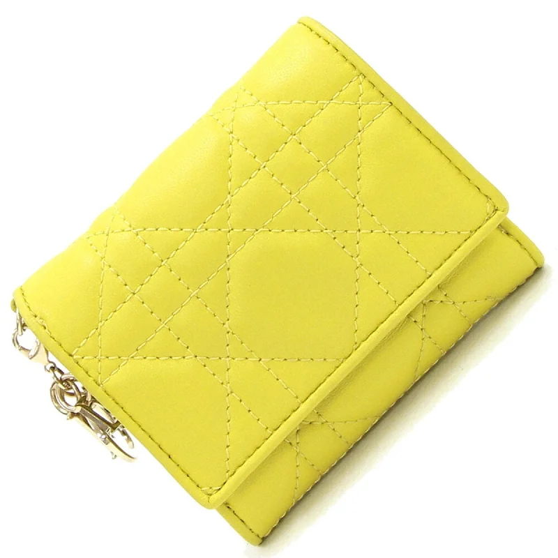 Christian Dior Dior Tri-fold Wallet Lady Lotus S0181ONMJ Yellow Leather Compact Small Cannage Women's