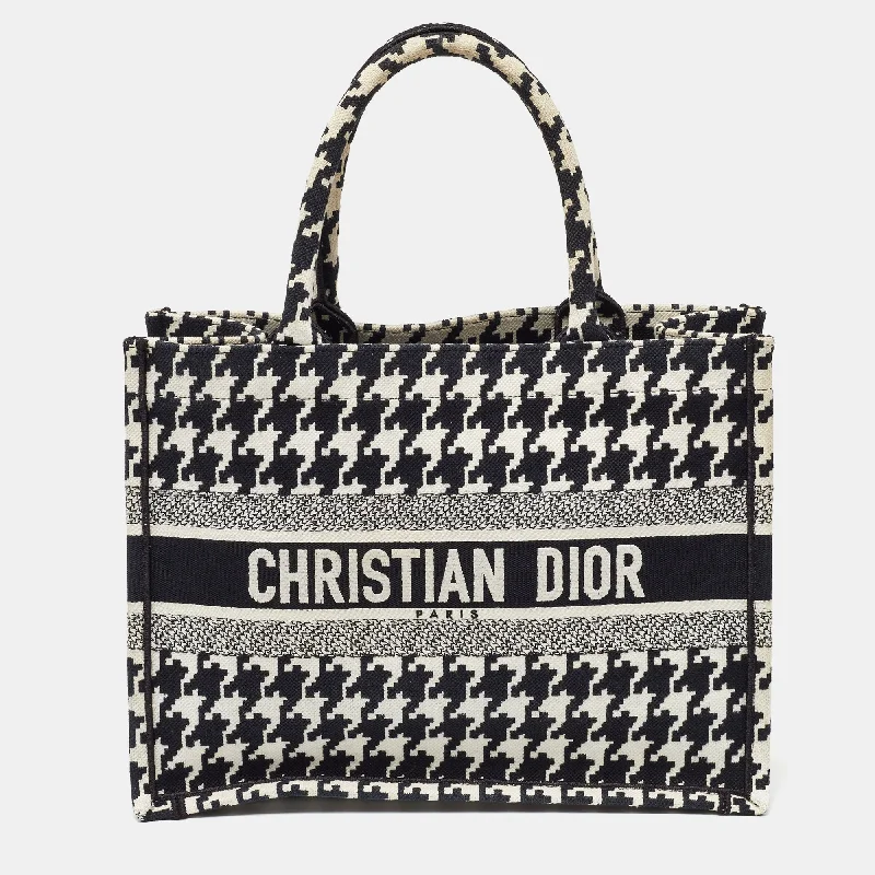 Dior Black/white Embroidered Macro Houndstooth Canvas Medium Book Tote