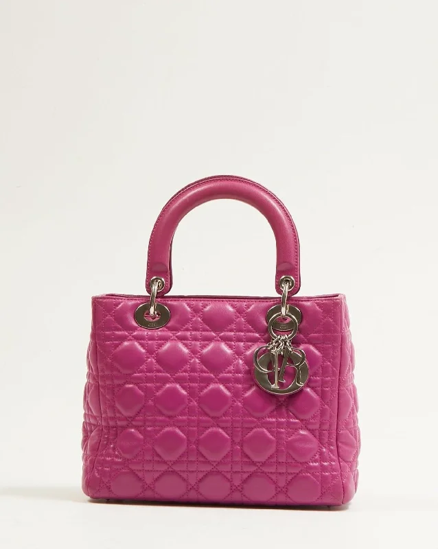 Dior Fuchsia Pink Lambskin Cannage Medium Lady Dior Tote