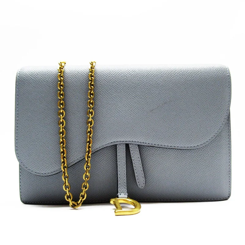 Christian Dior Wallet Chain Shoulder Bag Saddle Leather/Metal Blue Gray Women's w0219a