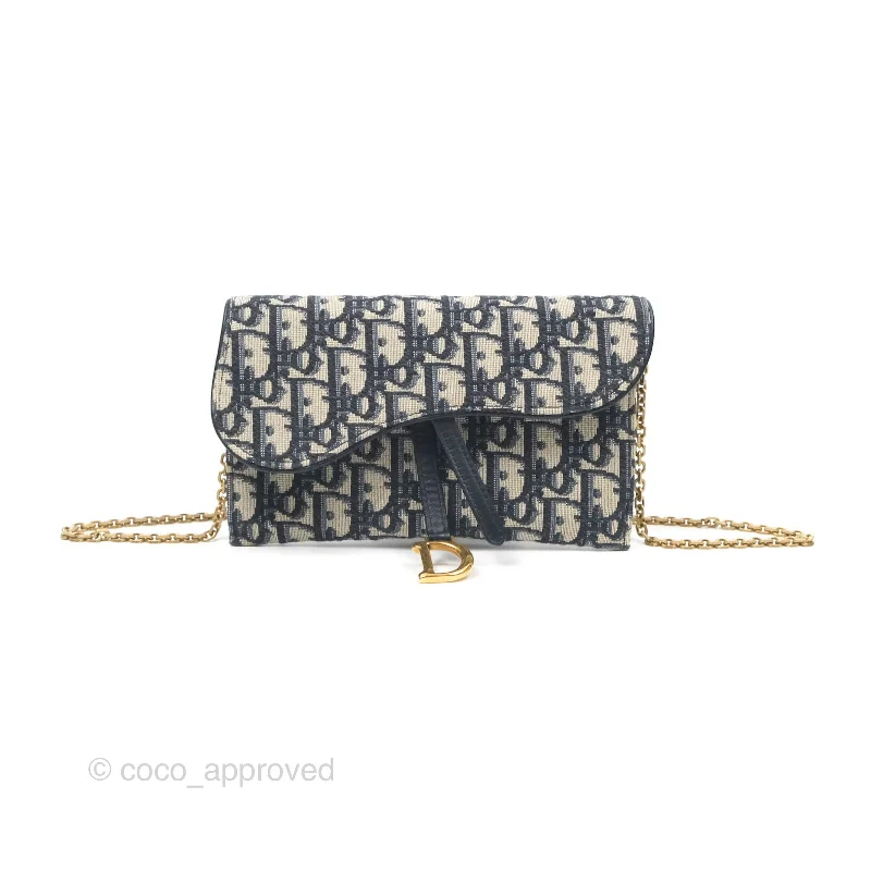 Christian Dior Saddle Wallet On Chain Navy Oblique Jacquard