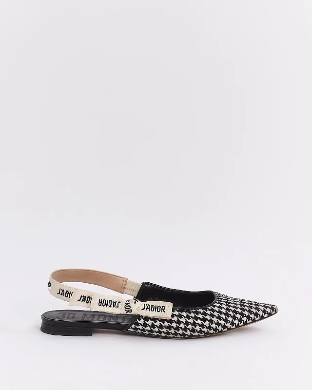 Dior Black & White Wool Houndstooth J'adior Slingback Flats - 39.5