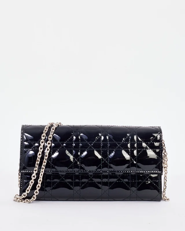 Dior Black Patent Leather Lady Dior Wallet on Chain