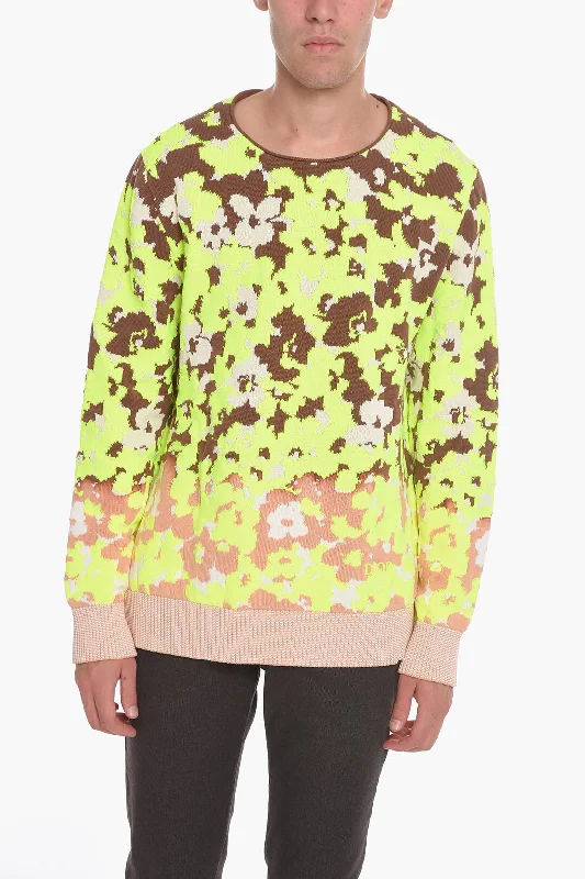 Dior Crew Neck Cotton Blend Sweater with Floral Motif