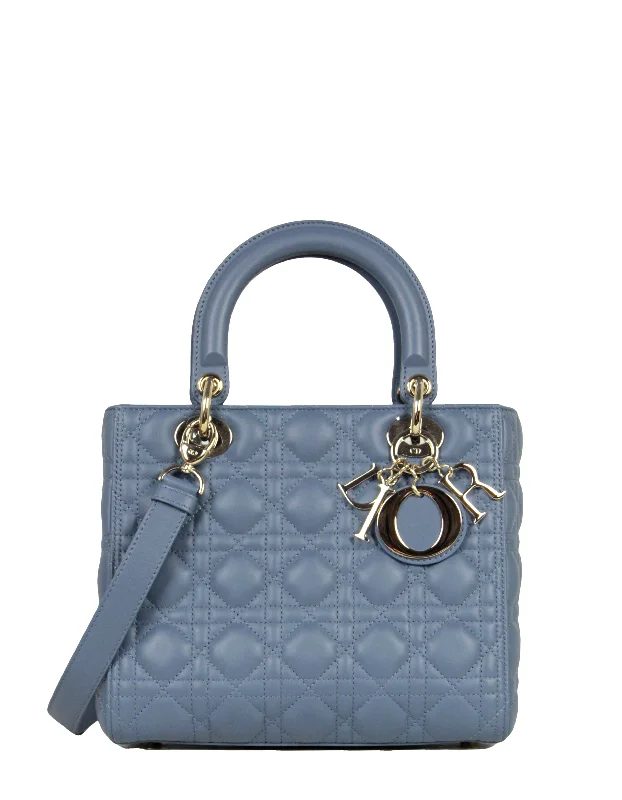 Christian Dior Slate Blue Leather Cannage Quilted Medium Lady Dior Bag