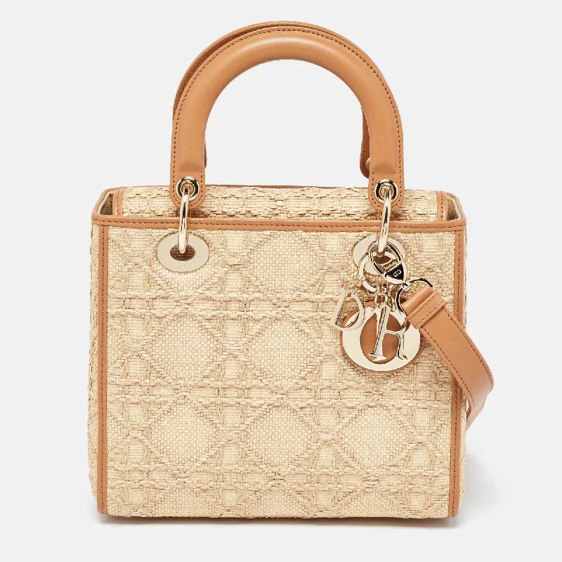 Dior Beige Raffia And Leather Medium Lady Dior Tote