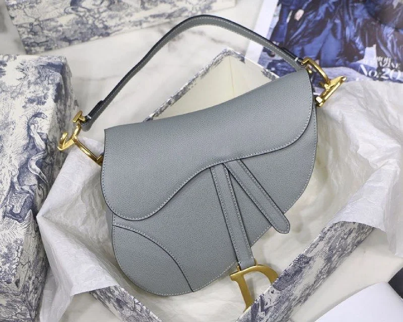 Christian Dior Saddle Bag Light Blue Grained Gold Toned Hardware