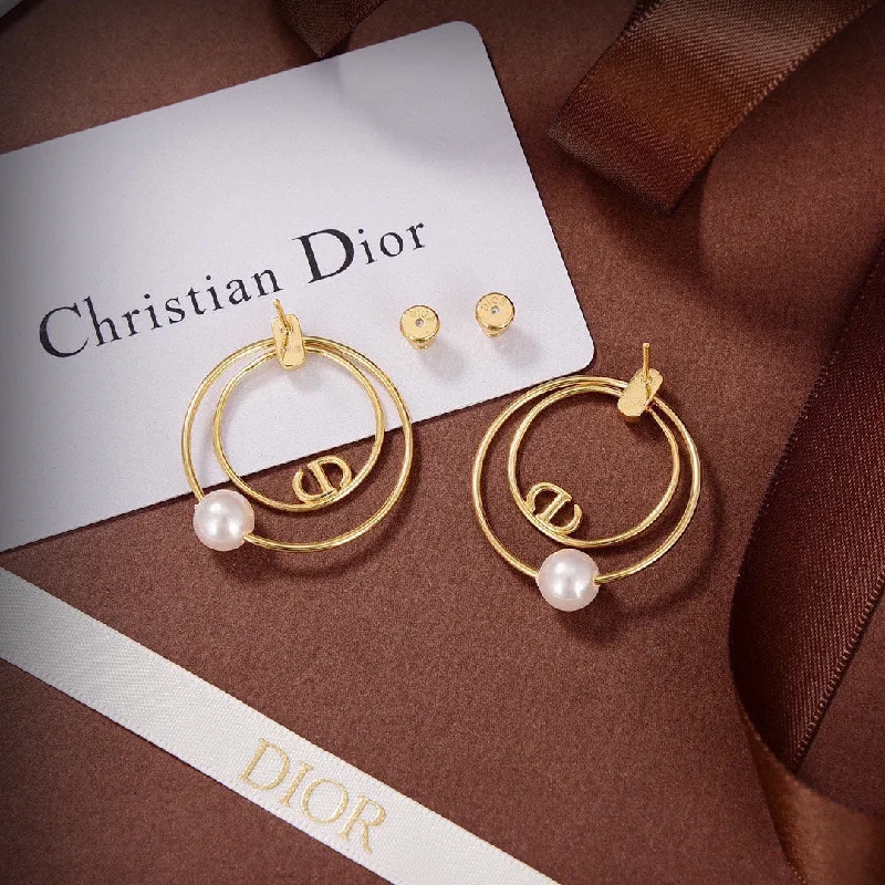 New DIOR Gold Circled Pearl Earrings EHA82