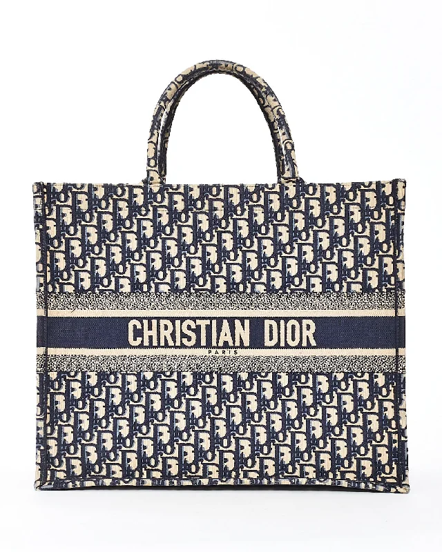 Dior Navy Blue Oblique Canvas Embroidery Large Book Tote Bag