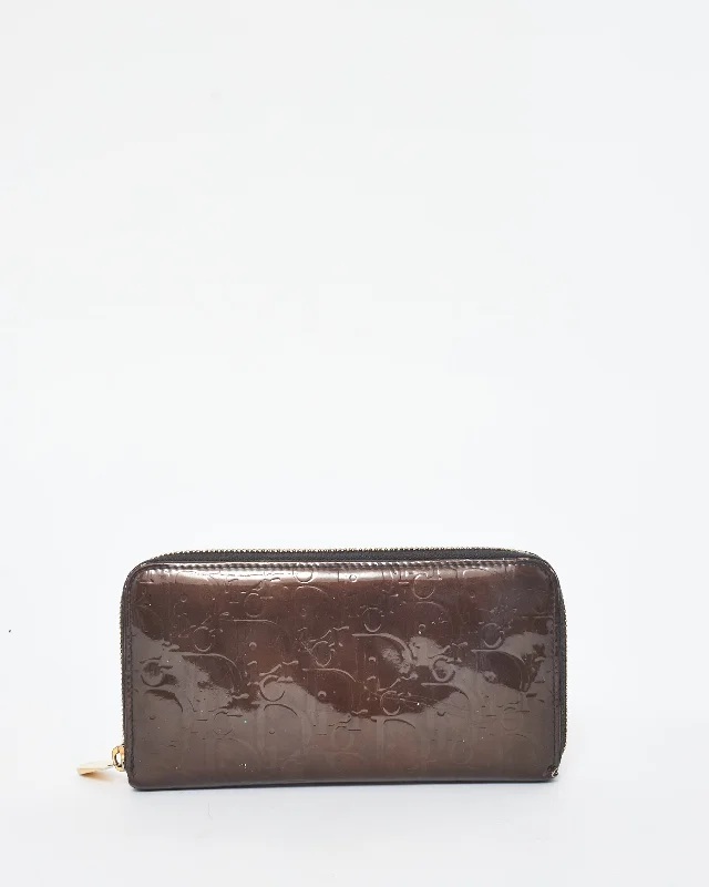 Dior Brown Patent Leather Oblique Monogram Long Zip Wallet