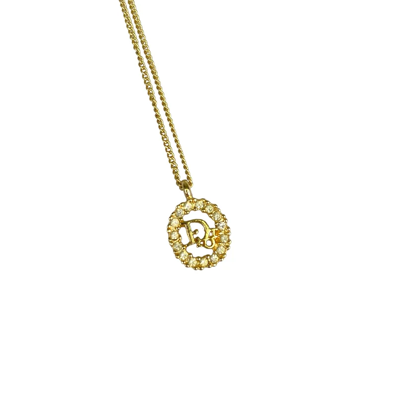 DIOR RHINESTONE ENCRUSTED OVAL OBLIQUE PENDANT NECKLACE GOLD-PLATED