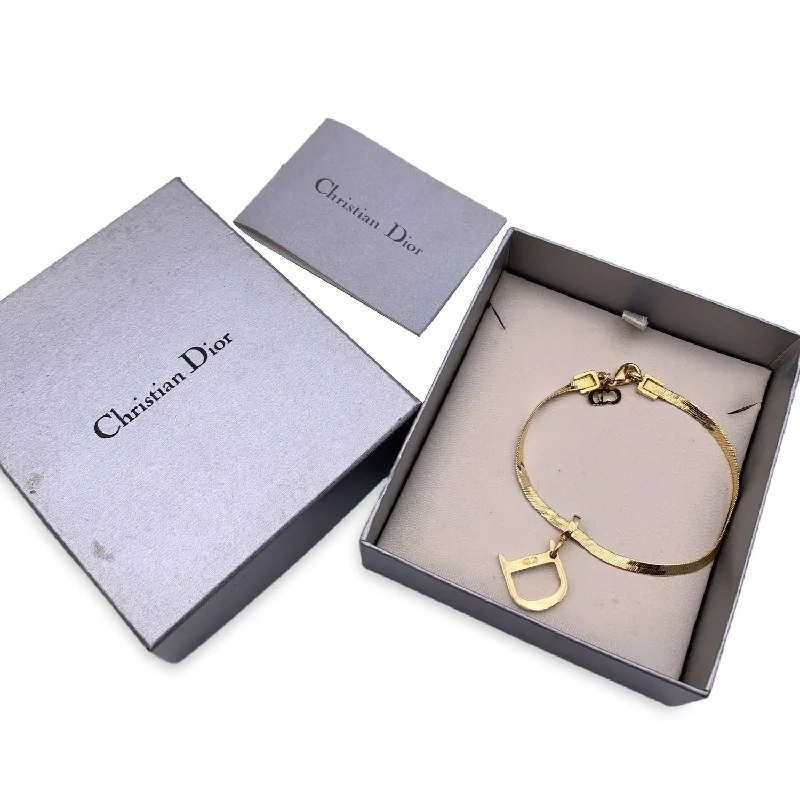 CHRISTIAN DIOR Gold Metal D Logo Pendant Snake Chain Bracelet