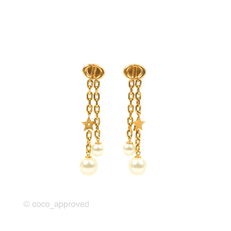 Dior CD Star Pearl Drop Earrings Matte Gold Tone