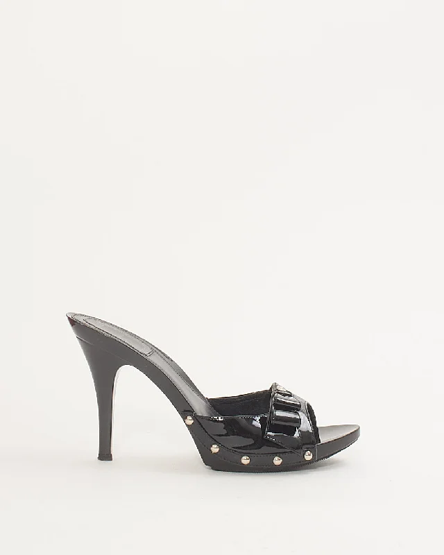 Dior Black Patent Leather Bow Heeled Sandals - 38.5