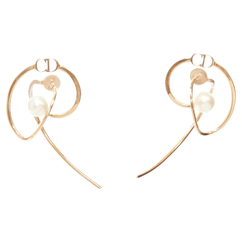 Dior Tribales Gold Metal CD Logo Faux Pearl Swirl Pin Earrings