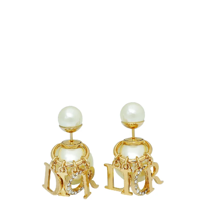 Christian Dior White Pearl Crystal Tribal Logo Charms Earrings