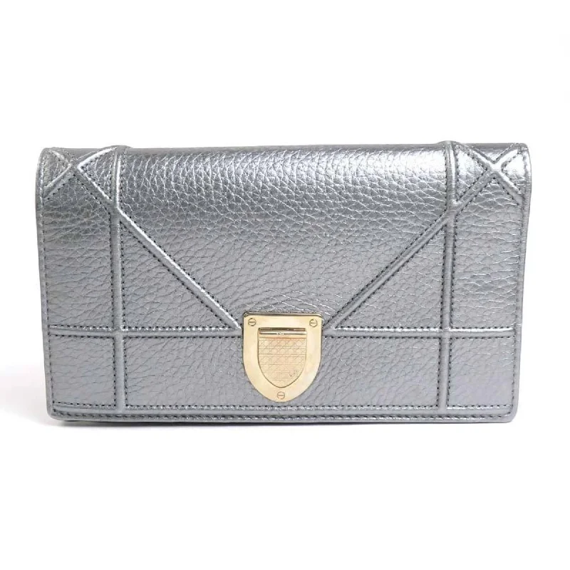 Christian Dior Bifold Long Wallet Diorama Leather Silver Women's