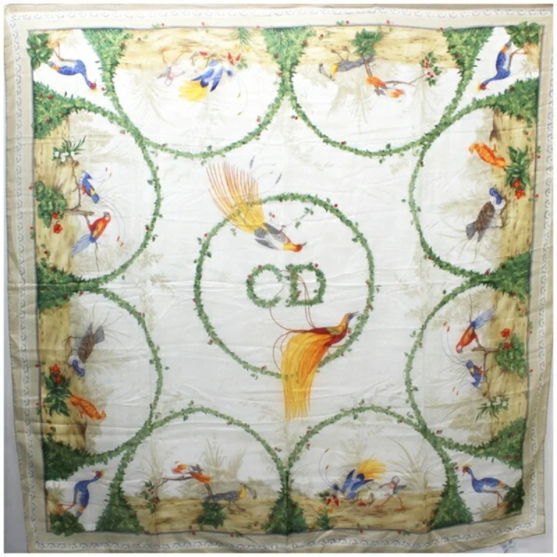 Christian Dior Silk Large Stole Beige Bird Pattern Women's Scarf