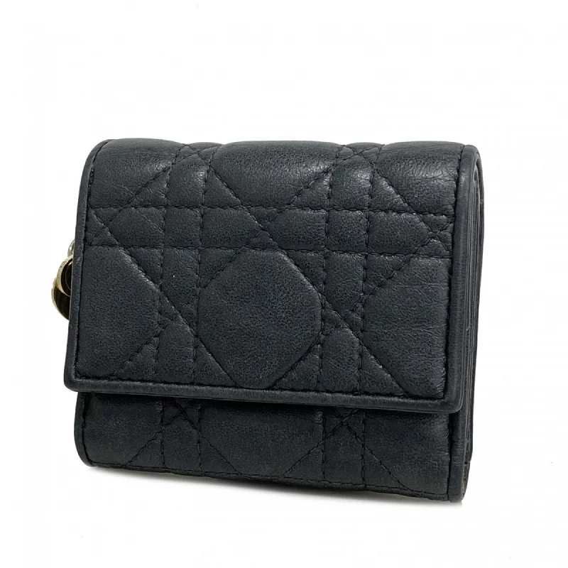 Christian Dior Tri-fold Wallet Cannage Leather Black Champagne Women's