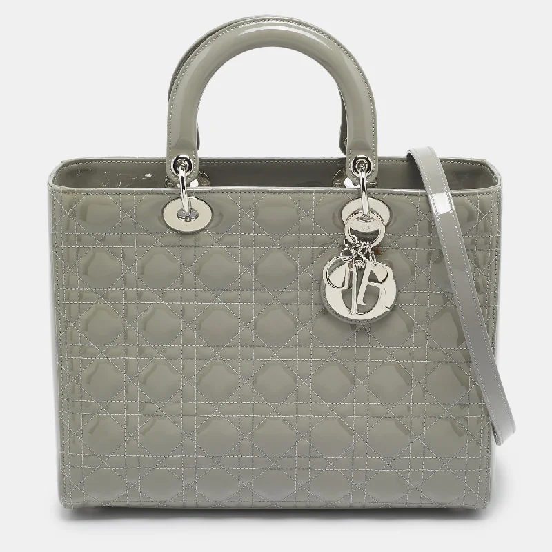 Dior Grey Cannage Patent Leather Large Lady Dior Tote