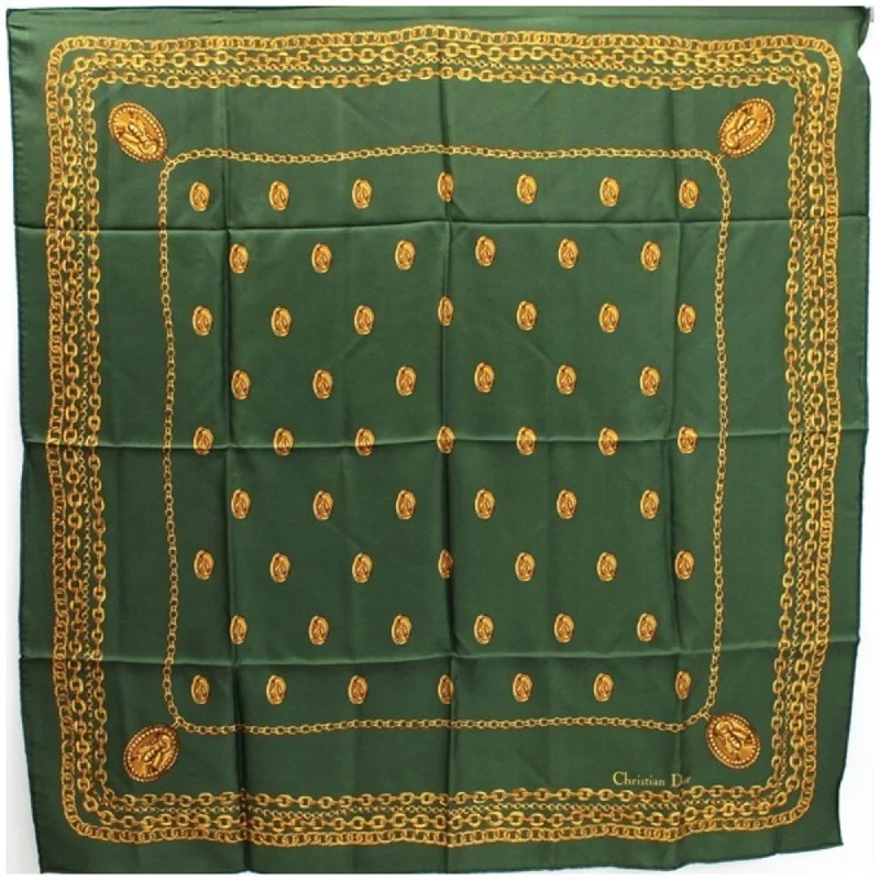 Christian Dior Silk Scarf Muffler Green Chain Pattern Women's