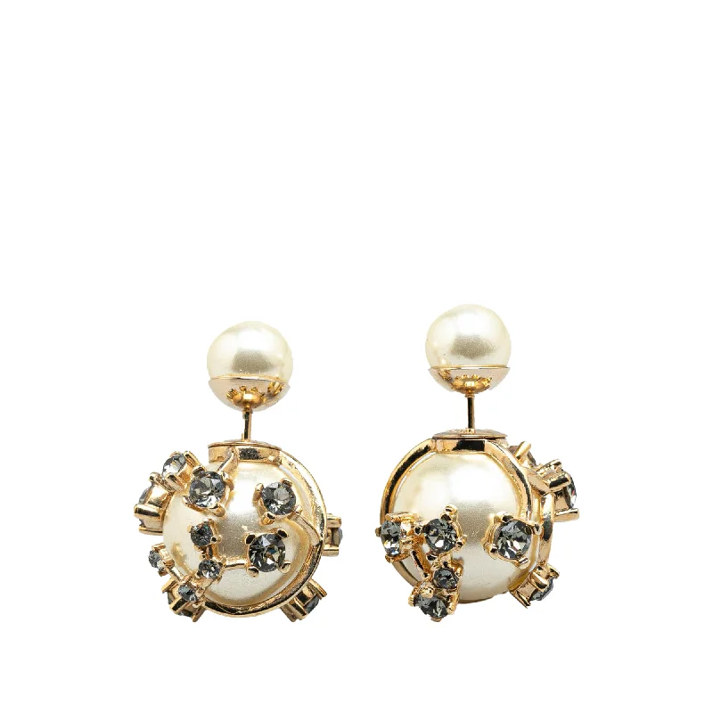 White Dior Faux Pearl and Crystal Tribal Push Back Earrings