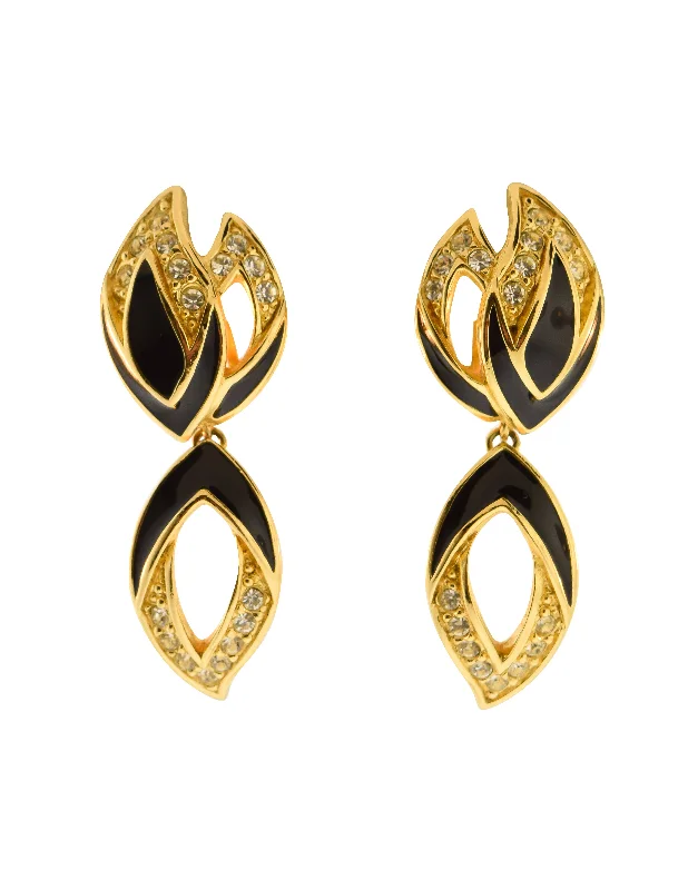 Christian Dior Vintage Golden Black Enamel Rhinestone Leaf Dangle Earrings