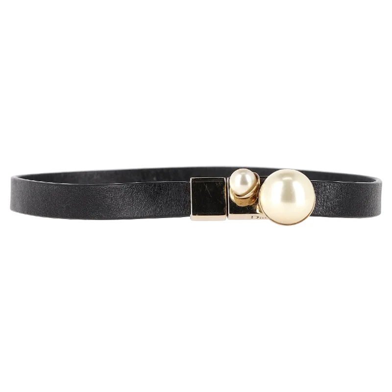 Dior Faux Pearl Mise en Dior Wrap Bracelet in Black Leather