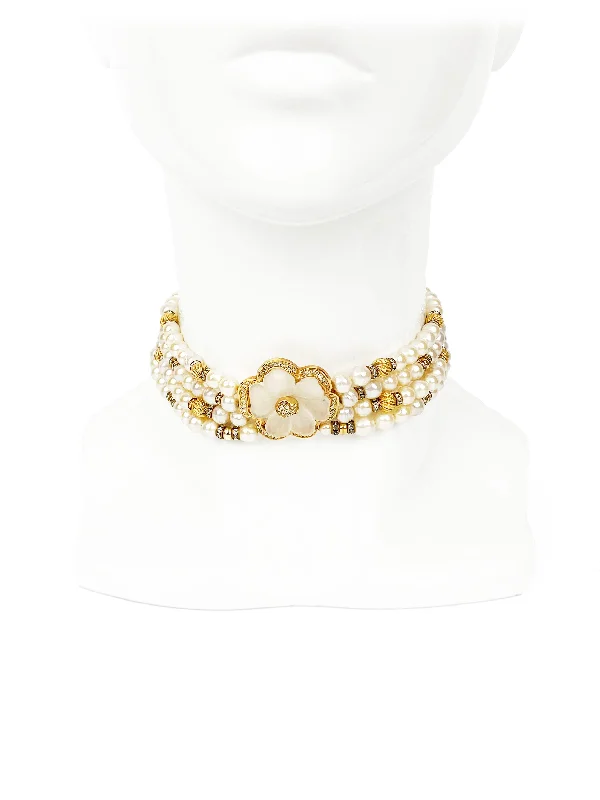 Dior Faux Pearl Choker Necklace with Flower