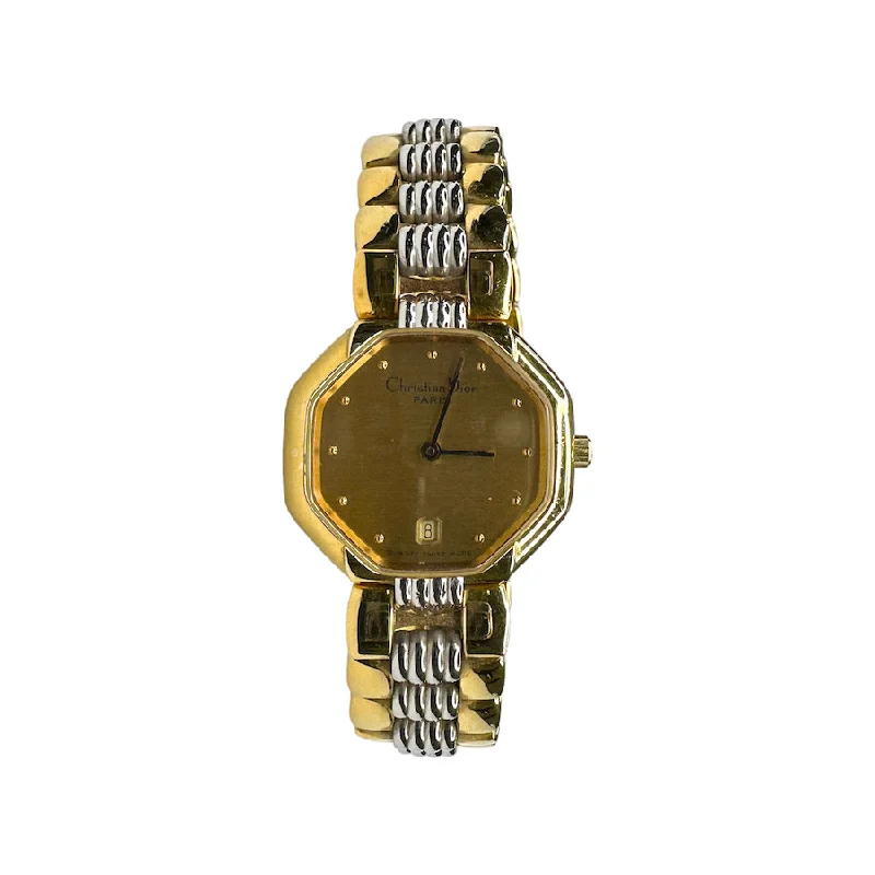 DIOR VINTAGE TWO-TONE SMALL OCTAGONAL QUARTZ WATCH (GOLD FACE)