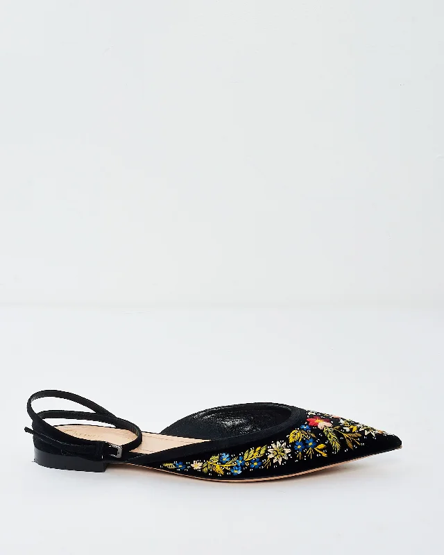 Dior Black Velvet Floral Embroidered Ankle Strap Flats - 37