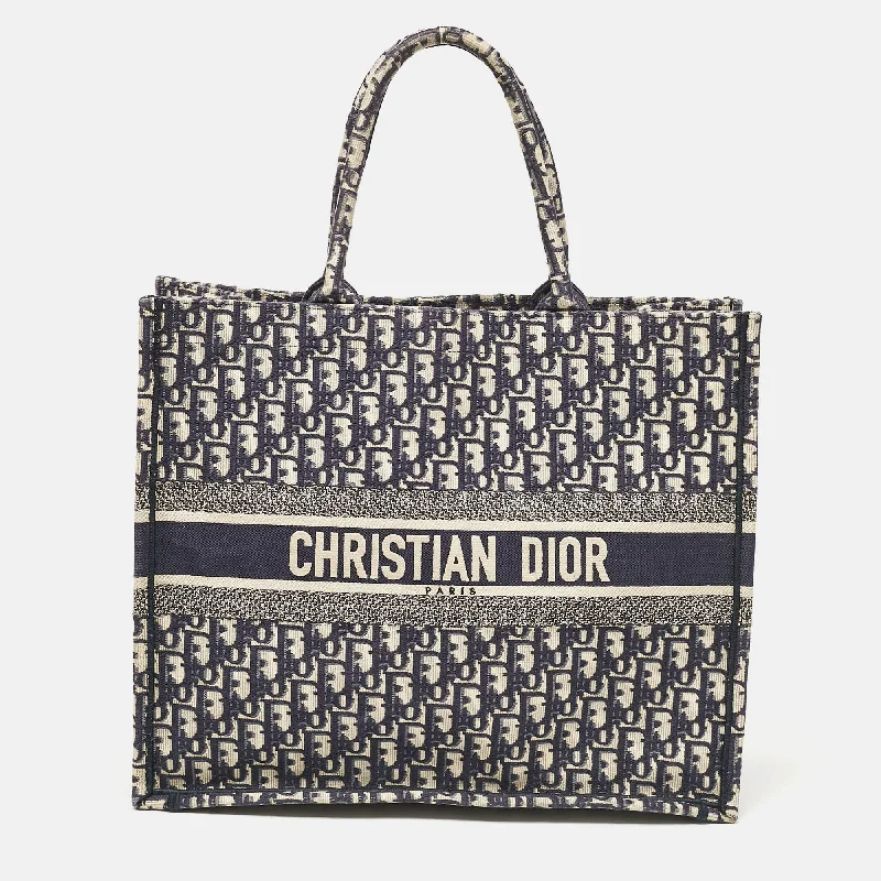 Dior Navy Blue Oblique Embroidered Canvas Large Book Tote