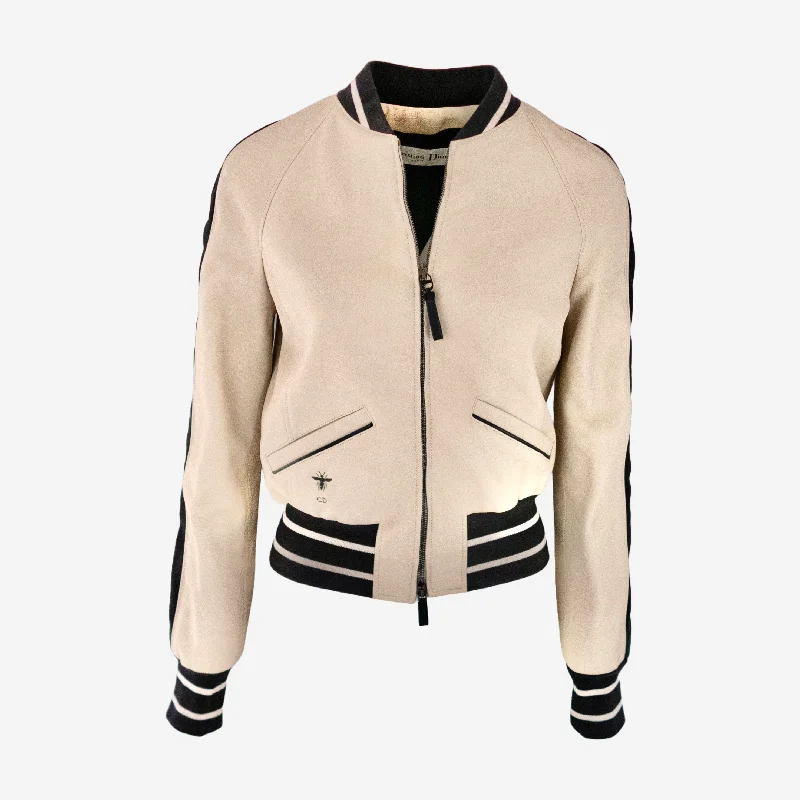 DIOR - ECRU LAMSKIN BOMBER JACKET WITH BLACK ELASTIC WAIST AND SIZE ARM STRIPES IN SIZE 36 FR