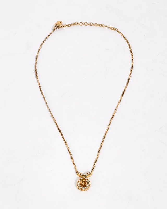 Dior Vintage Gold Logo Rhinestone Teardrop Necklace