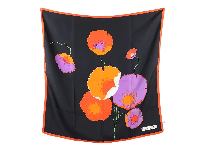 Dior Black and Orange Floral Silk Scarf