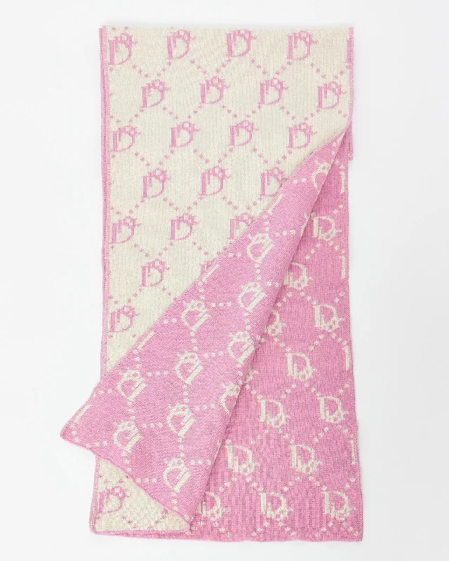 Dior Vintage White & Pink Logo Wool Reversible Scarf