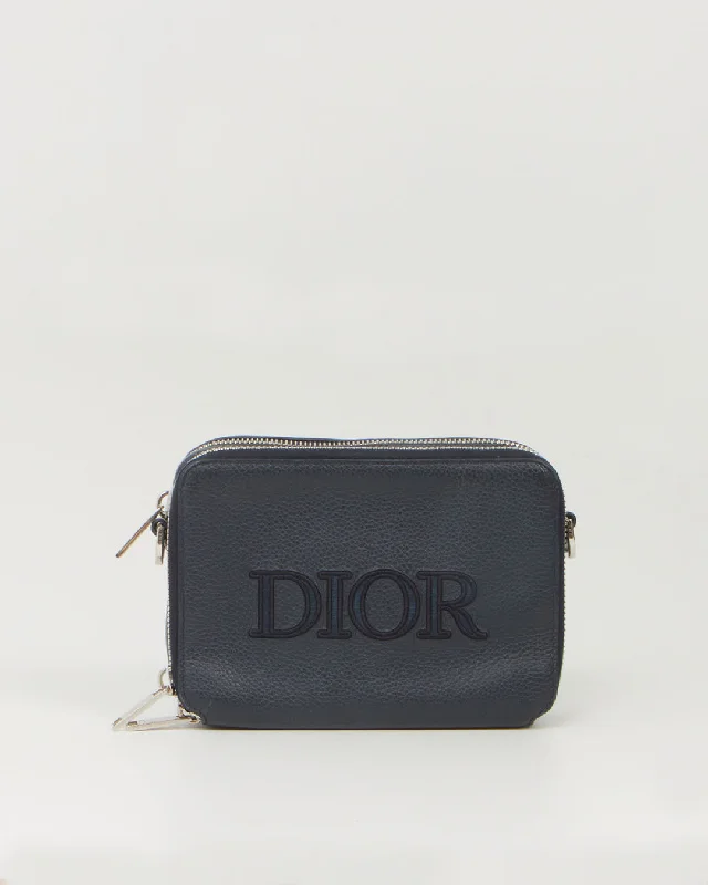 Dior Men Navy Leather Embroidered Signature SLG Wallet On Chain Bag