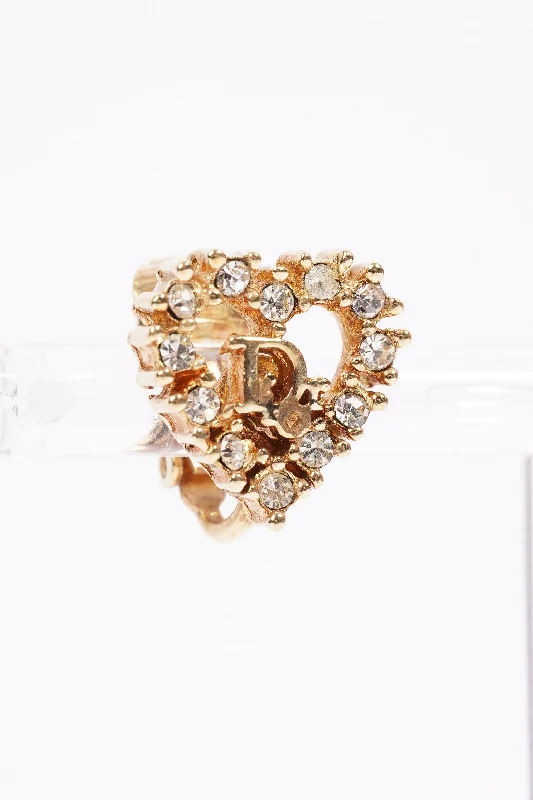 Christian Dior Heart Motif Earrings Gold Rhinestone