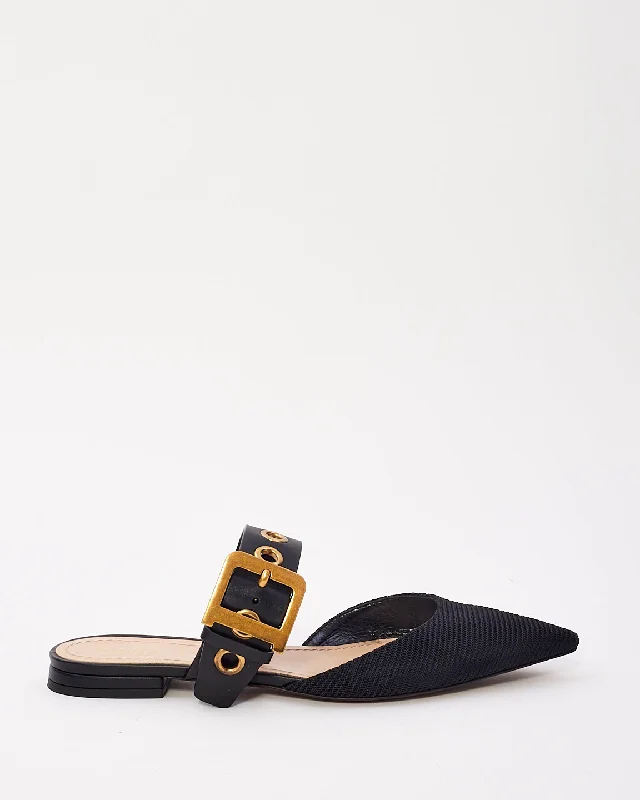 Dior Black Fabric D Buckle Point Toe Flats - 38